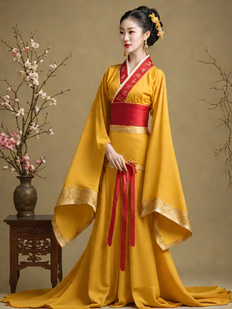 Tang dynasty Hanfu — high-waisted ruqun in saffron silk