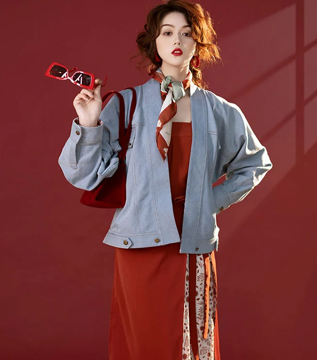 HK Denim Red Modern Hanfu for Women