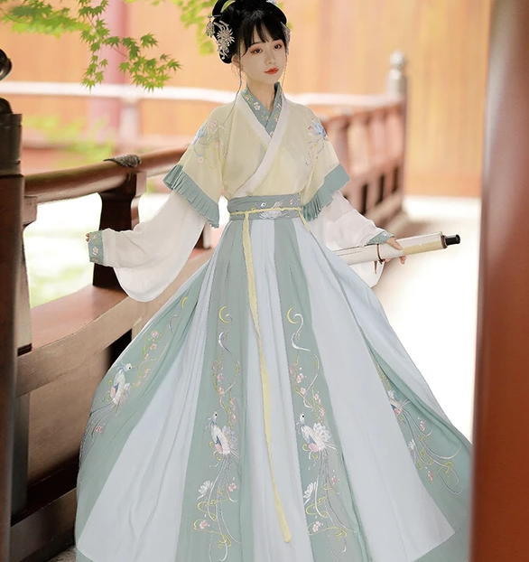 Women's Green Hanfu Fairy Dresses Jin Dynasty Waist Type Cross Collar Autumn Chinese Traditional Style Dance Costumes