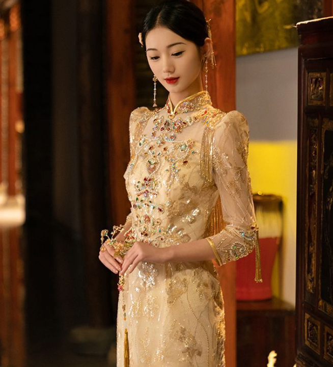 Champagne Bridal Wedding Dress Cheongsam Chinese Style Slim Set