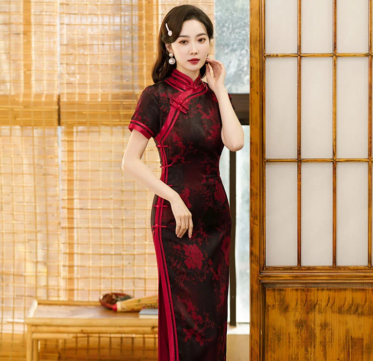 Red Peony Floral Summer Cheongsam Qipao Dress