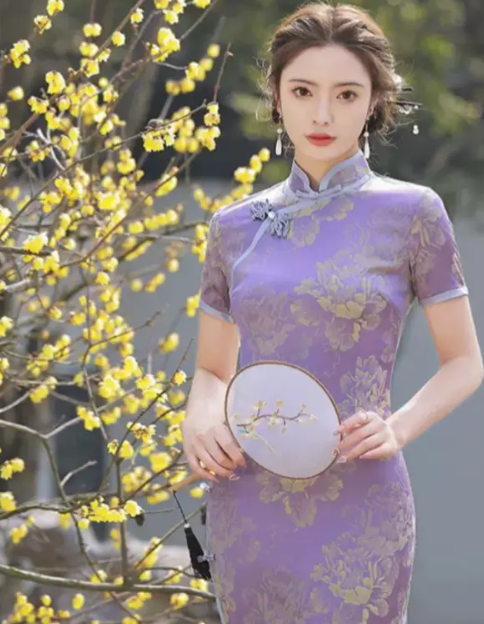 Purple cheongsam retro Chinese traditional Qipao Wedding Party Floral dress
