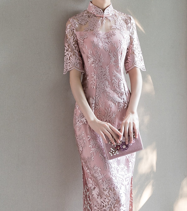 Embroidered Midi Cheongsam with Quarter Sleeves 