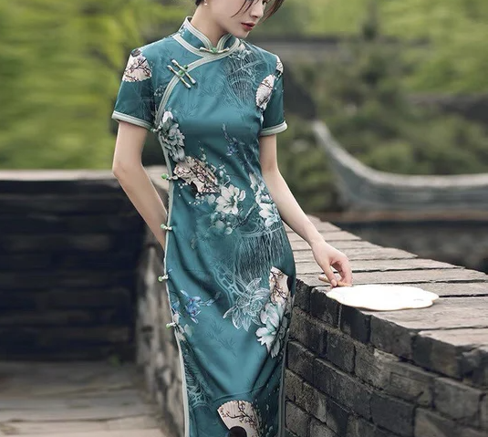 Modern Chinese Qipao Full Length Cheongsam Teal Color Qipao